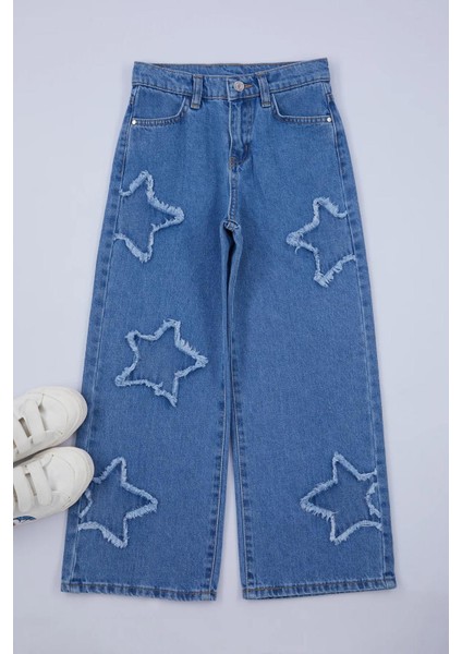Kız Çocuk Geniş Paça Yıldız Desenli %100 Pamuk Lastikli Denim Pantolon fırsatları