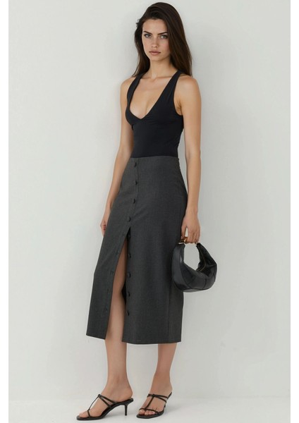 Kadın Düğmeli Yırtmaç Detaylı Yüksek Bel Maxi Kalem Etek Koyu Gri