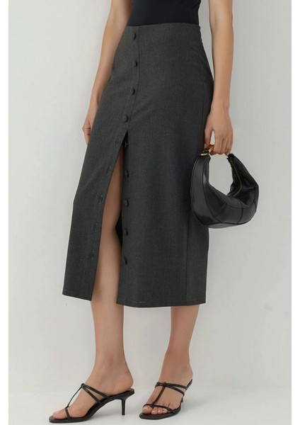 Kadın Düğmeli Yırtmaç Detaylı Yüksek Bel Maxi Kalem Etek Koyu Gri fiyatları