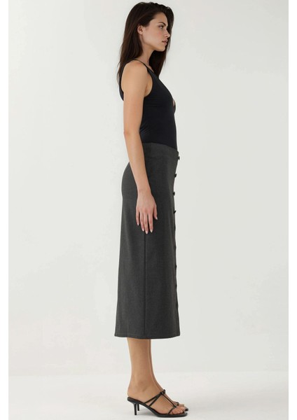 Kadın Düğmeli Yırtmaç Detaylı Yüksek Bel Maxi Kalem Etek Koyu Gri modelleri