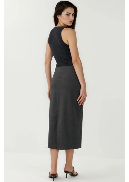 Kadın Düğmeli Yırtmaç Detaylı Yüksek Bel Maxi Kalem Etek Koyu Gri fırsatları