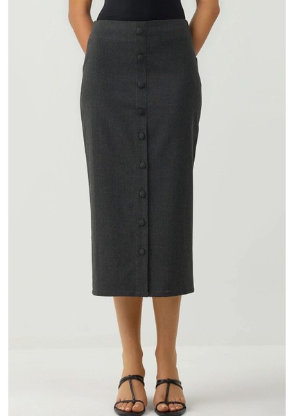 Kadın Düğmeli Yırtmaç Detaylı Yüksek Bel Maxi Kalem Etek Koyu Gri indirimleri