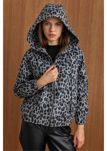 Kapüşonlu Beli Lastikli Oversize Leopar Desenli Kısa Kaban GRİ 3162-L indirimleri