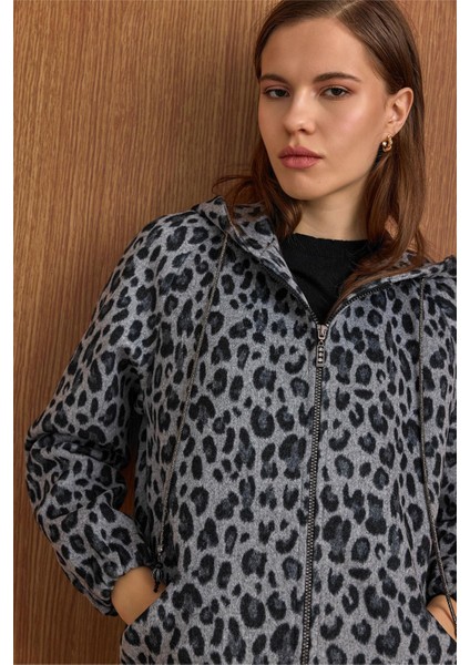 Kapüşonlu Beli Lastikli Oversize Leopar Desenli Kısa Kaban GRİ 3162-L