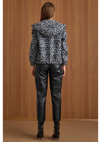 Kapüşonlu Beli Lastikli Oversize Leopar Desenli Kısa Kaban GRİ 3162-L