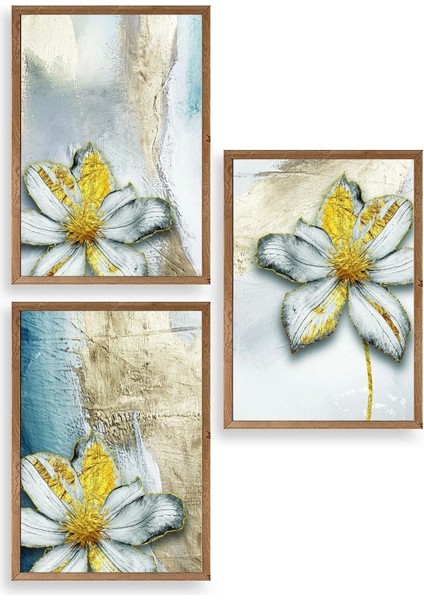 Çiçek Desenli Üçlü Ahşap Çerçeveli Tablo