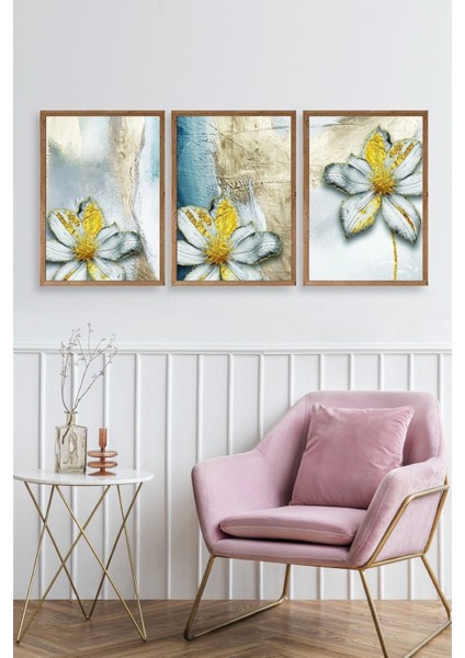 Çiçek Desenli Üçlü Ahşap Çerçeveli Tablo fiyatları