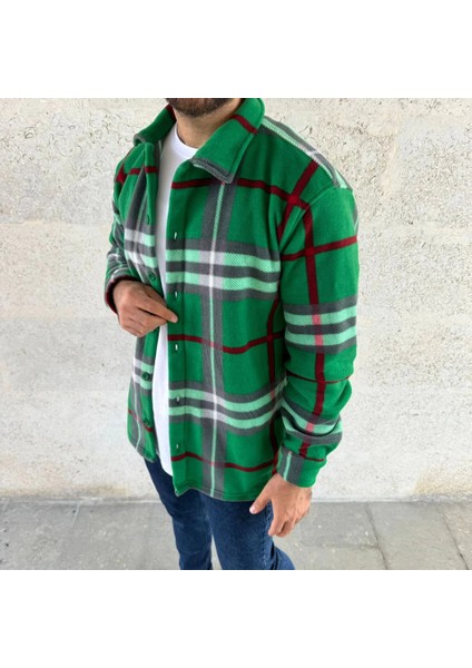 Erkek Ekose Desenli Soğuğa Dayanıklı Polar Oduncu Gömlek Yeşil Oversize Düğmeli Kışlık Gömlek Ceket fırsatları