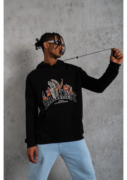 Erkek Oversize Kapüşonlu Sweatshirt – Siyah Renk Üç Iplik Içi Pamuklu Kanguru Cepli Baskılı Hoodie Rahat Kalıp Kışlık Günlük Kombinlere Uygun - Siyah