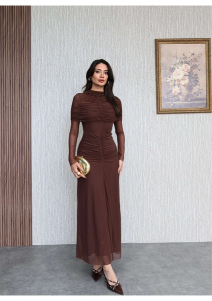 Boyun Bel Büzgülü Şifon Uzun Elbise