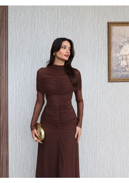 Boyun Bel Büzgülü Şifon Uzun Elbise fırsatları