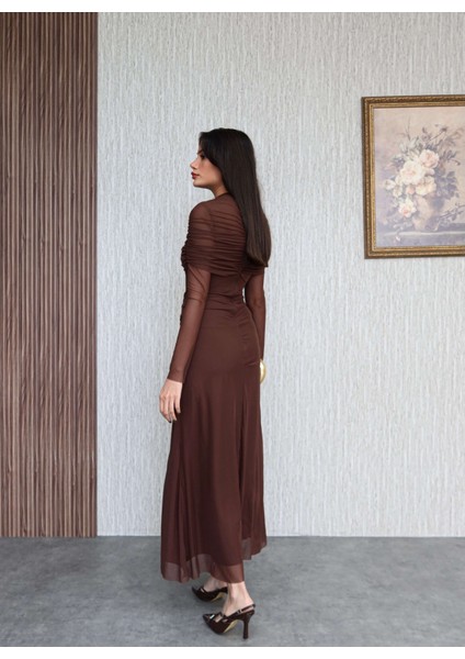 Boyun Bel Büzgülü Şifon Uzun Elbise indirimleri