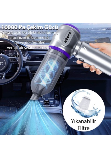 Turbo 16000 Pa Emiş Gücü Çantalı Üfleme Özellikli Araba Süpürgesi Araç Ev Kullanımı Uzun Şarj Süresi fırsatları