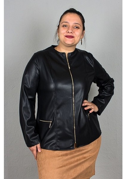 Büyük Beden Likralı Suni Deri Içi Süet Mont Siyah