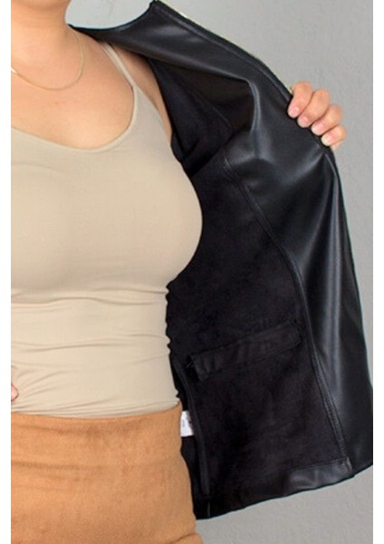 Büyük Beden Likralı Suni Deri Içi Süet Mont Siyah modelleri