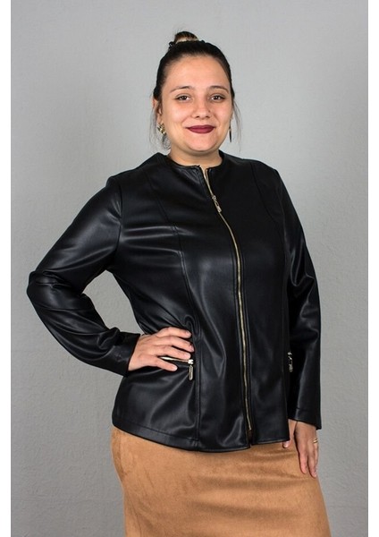 Büyük Beden Likralı Suni Deri Içi Süet Mont Siyah fırsatları