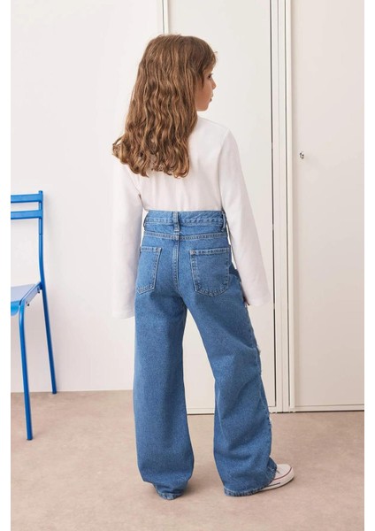 Kız Çocuk Geniş Paça Yıldız Desenli %100 Pamuk Lastikli Denim Pantolon modelleri