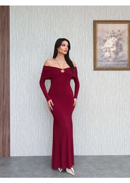 Boyun Aksesuarlı Açık Omuz Uzun Elbise
