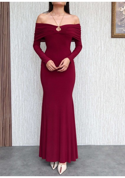 Boyun Aksesuarlı Açık Omuz Uzun Elbise fiyatları