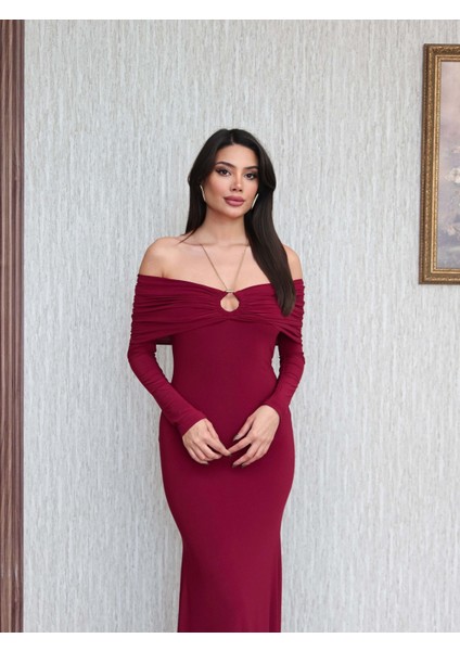 Boyun Aksesuarlı Açık Omuz Uzun Elbise modelleri