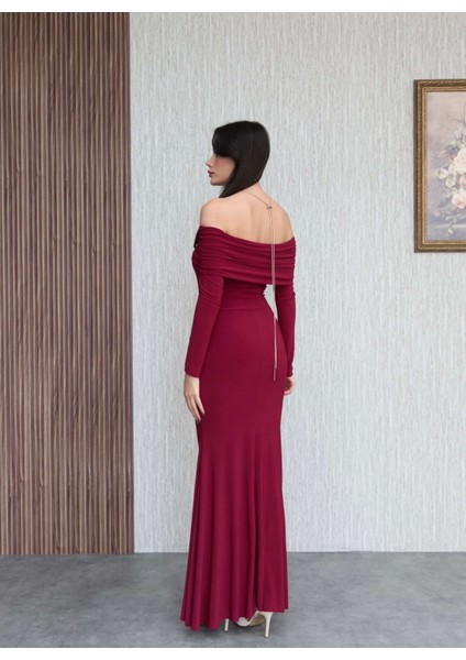 Boyun Aksesuarlı Açık Omuz Uzun Elbise indirimleri