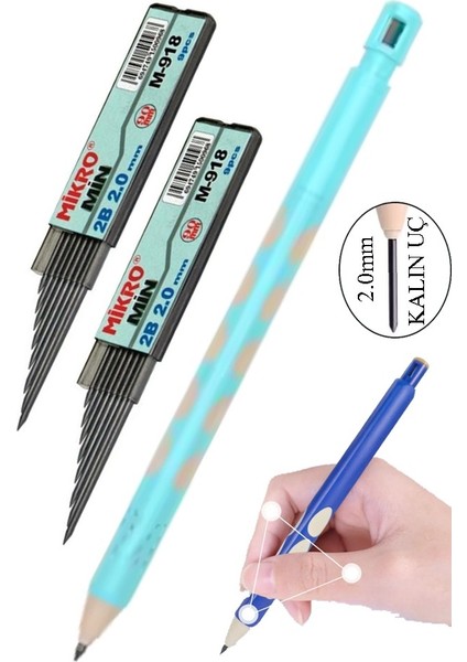Kalın Uçlu Versatil Kalem 2.0 mm Açık Mavi 1 Adet ve 2.0 mm Kalın Uç Siyah 2 Adet Kalın Uçlu Mekanik Kalem