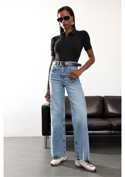 Yıkamalı Mavi Likralı Wide Leg Jean