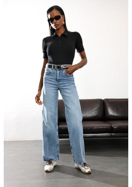 Yıkamalı Mavi Likralı Wide Leg Jean modelleri