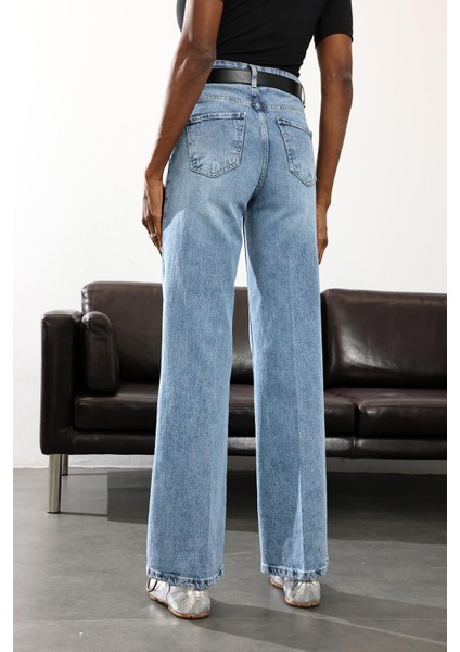 Yıkamalı Mavi Likralı Wide Leg Jean