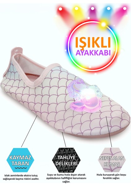 Işıklı Denizkızı Unicorn Figürlü Kaymaz Tabanlı Esnek Dayanıklı Çocuk Havuz Plaj Deniz Ayakkabısı modelleri