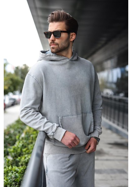 Boyalı Gri Kanguru Cep Kapüşonlu Erkek Eşofman Takımı E7341 fırsatları