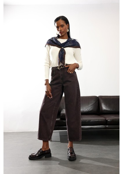 Yıkamalı Kahve Yüksek Bel Baggy Jean 8007 fiyatları