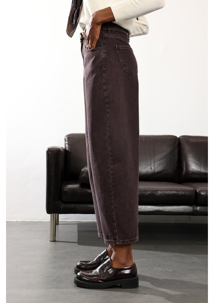 Yıkamalı Kahve Yüksek Bel Baggy Jean 8007 indirimleri
