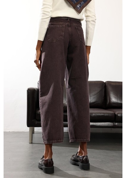 Yıkamalı Kahve Yüksek Bel Baggy Jean 8007