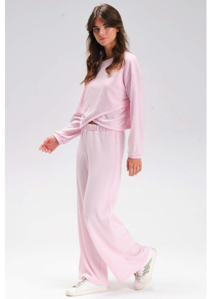 Kadın Uzun Kol Bisiklet Yaka Kruvaze Büzgülü Crop Pembe Ikili Takım C9T2N1