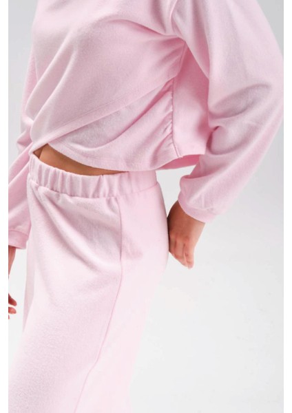 Kadın Uzun Kol Bisiklet Yaka Kruvaze Büzgülü Crop Pembe Ikili Takım C9T2N1 modelleri