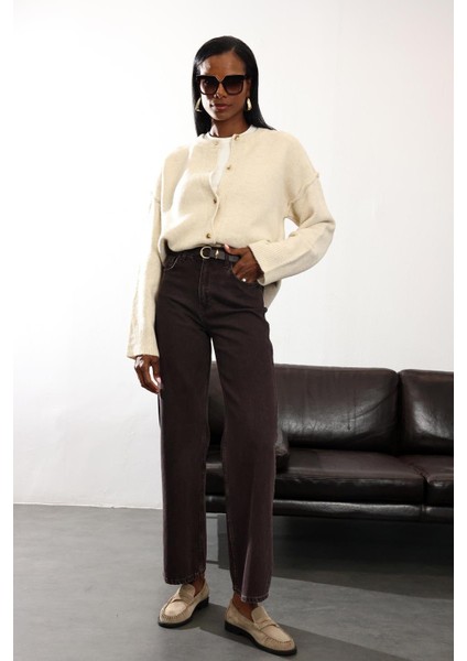 Yıkamalı Kahve Yüksek Bel Düz Kesim Jean 8005