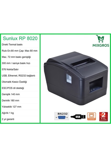 RP8020 Termal Adisyon Fiş Rulosu Yazıcısı