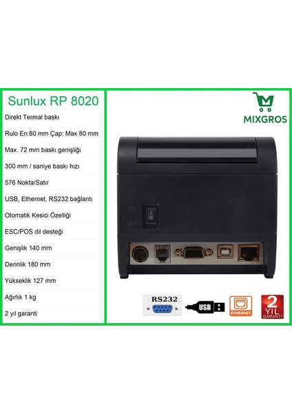 RP8020 Termal Adisyon Fiş Rulosu Yazıcısı fiyatları