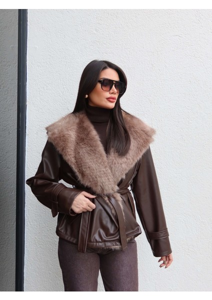 Kürk Yaka Kuşaklı Deri Ceket fiyatları