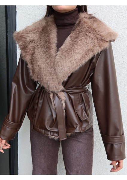 Kürk Yaka Kuşaklı Deri Ceket modelleri