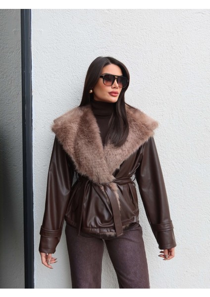 Kürk Yaka Kuşaklı Deri Ceket fırsatları