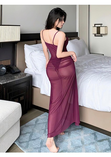 Mor Derin Yırtmaçlı Uzun Gecelik Takım fiyatları