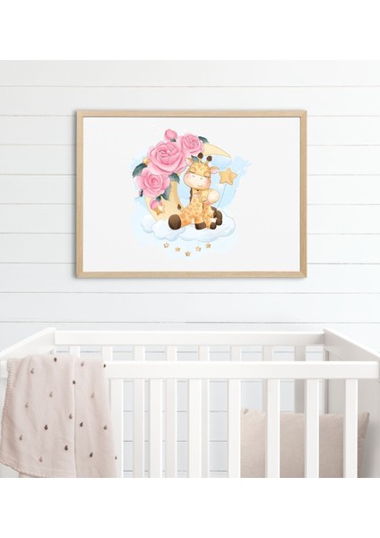 Ahşap Zürafa Baskılı Bebek Odası Çerçeveli Tablo - Naturel