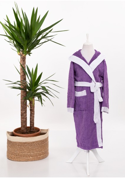 Kapşonlu Kız Erkek Lüx Kadife Çocuk Bornozu Mor