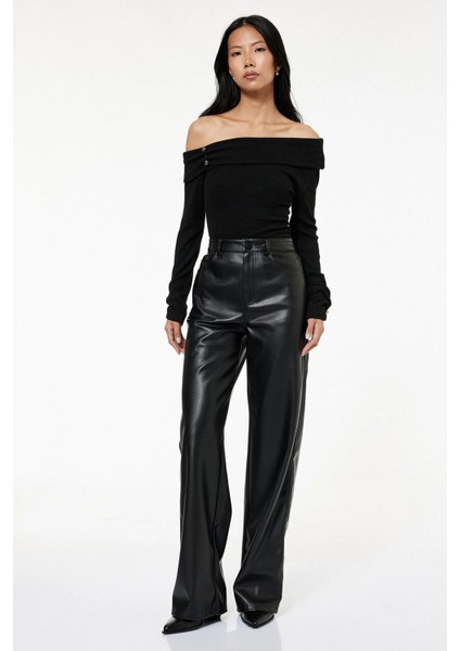 Kadın Koton x Sibil Çetinkaya - Cepli Düz Paça Suni Deri Pantolon 6WAK40175PW