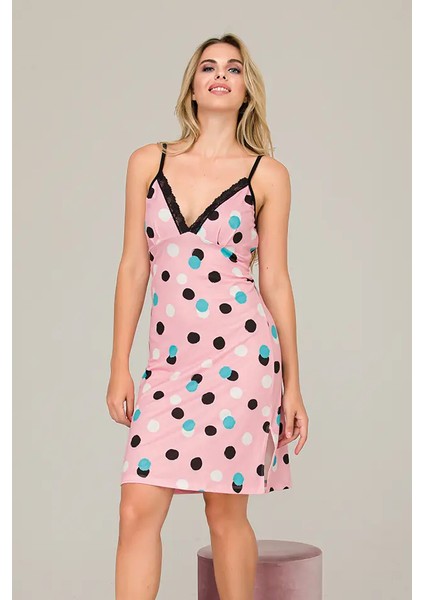 Lady Bayan Pembe Puantiyeli Penye Gecelik