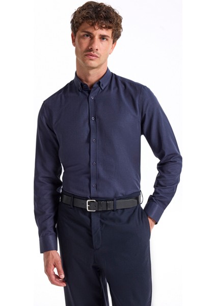 Slim Fit Düğmeli Yaka Armürlü Lacivert Erkek Gömlek Maydos-Y 401