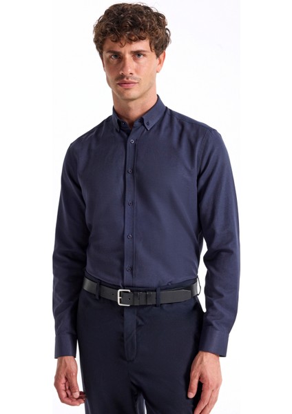 Slim Fit Düğmeli Yaka Armürlü Lacivert Erkek Gömlek Maydos-Y 401 fiyatları