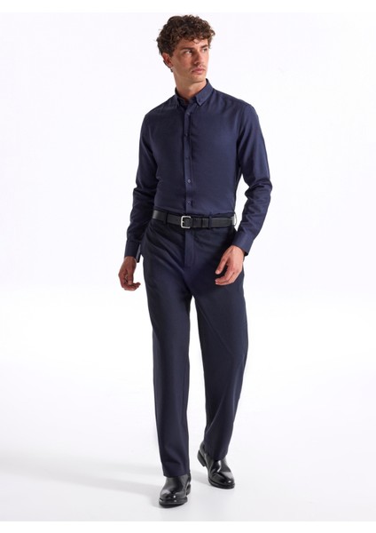 Slim Fit Düğmeli Yaka Armürlü Lacivert Erkek Gömlek Maydos-Y 401 modelleri